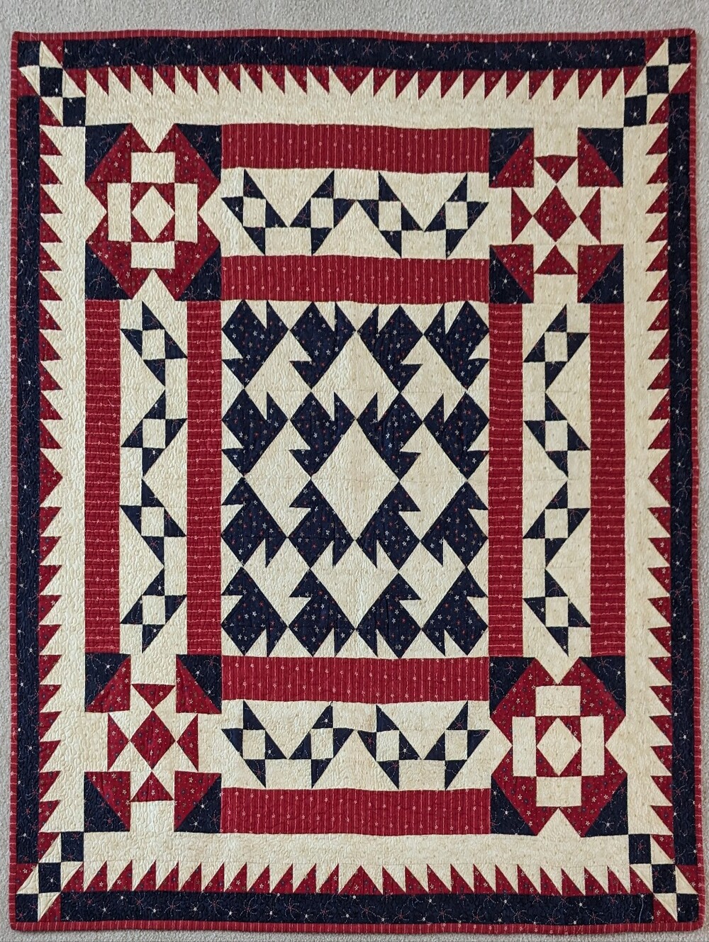 Patriotic Themed Quilt, Reds, Blues And Off-white Fabrics. Quilted And Signed